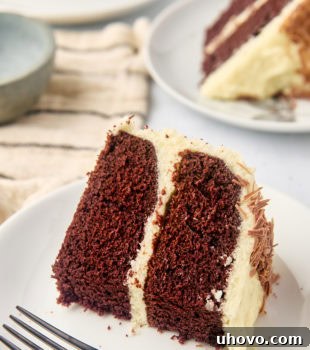 A beautifully frosted slice of Mahogany Cake on a white plate, with the full cake visible in the soft background.