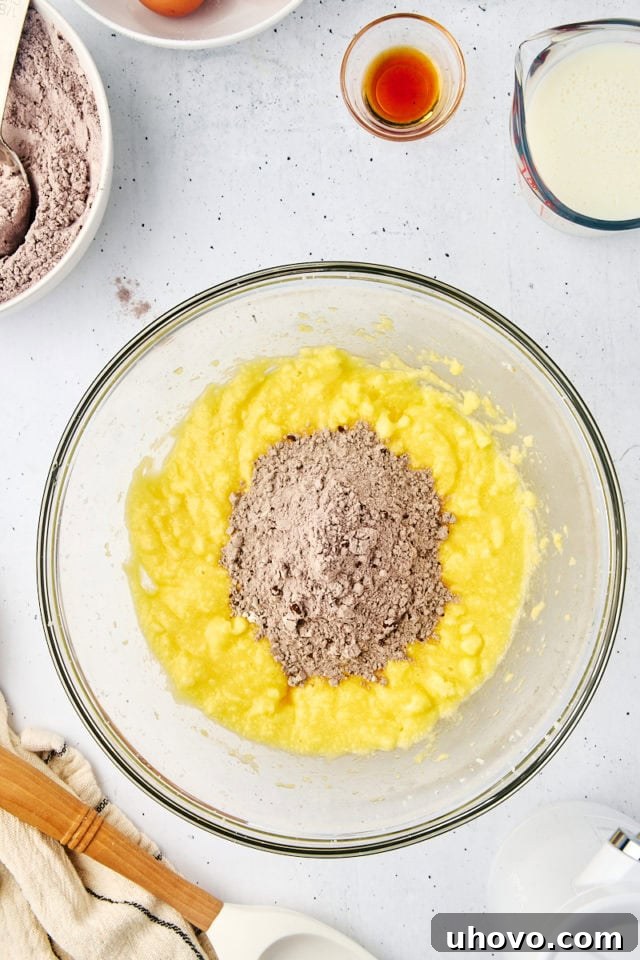 Overhead view of a portion of dry ingredients being added to the wet mahogany cake batter in a mixing bowl.