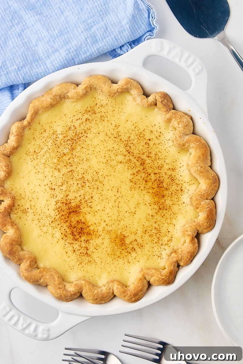 An overhead shot of a freshly baked sugar cream pie in a white pie plate, showing its smooth, golden-brown surface, ready for chilling.