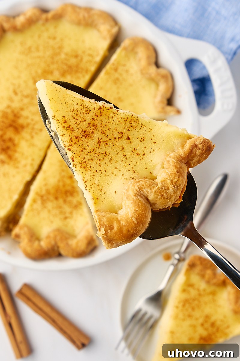 An overhead view of a perfect slice of sugar cream pie being lifted on a pie server, showcasing its creamy filling and golden crust.