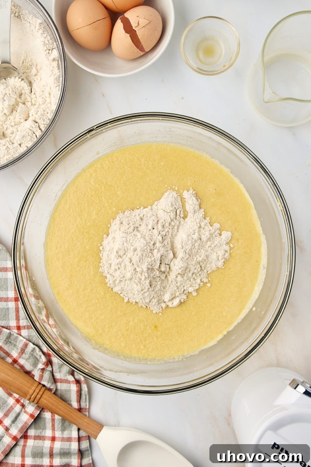 overhead view of dry ingredients added to wet ingredients for apple cider donut cake