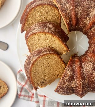 overhead view of partially sliced apple cider donut cake on a white cake plate