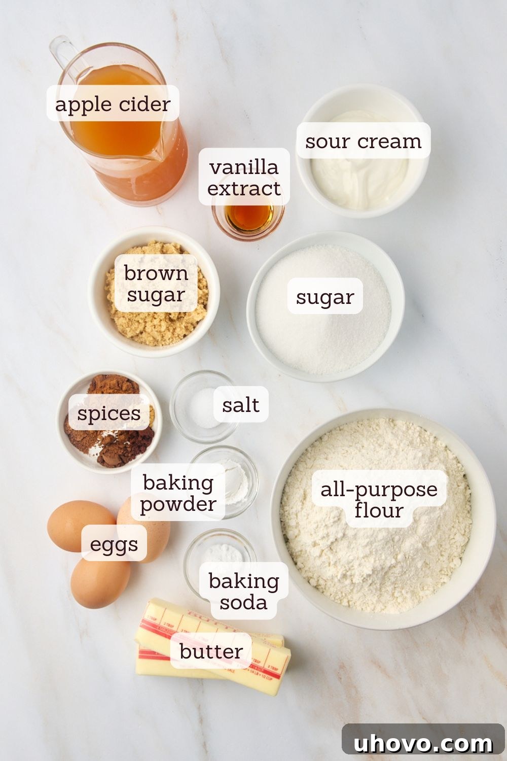 overhead view of ingredients for apple cider donut cake