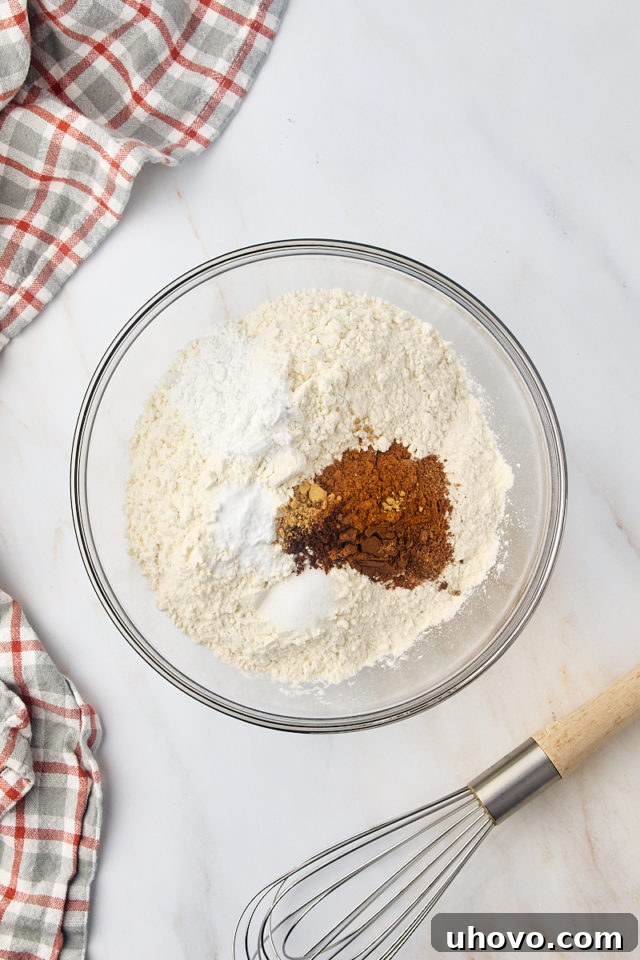 overhead view of flour, baking powder, salt, and spices in a mixing bowl