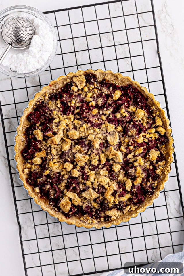 Overhead view of raspberry crumb tart on wire rack