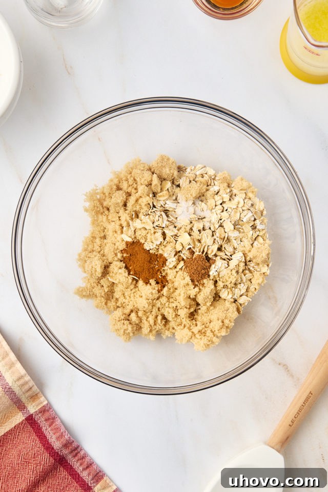 An overhead view showing a mixing bowl filled with the dry ingredients for the oat topping: rolled oats, brown sugar, cinnamon, nutmeg, and a pinch of salt.