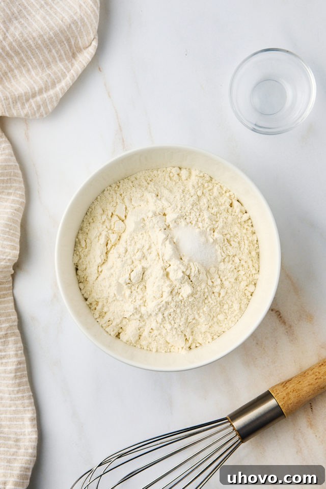 Close-up overhead shot of all-purpose flour and salt being whisked together in a mixing bowl.