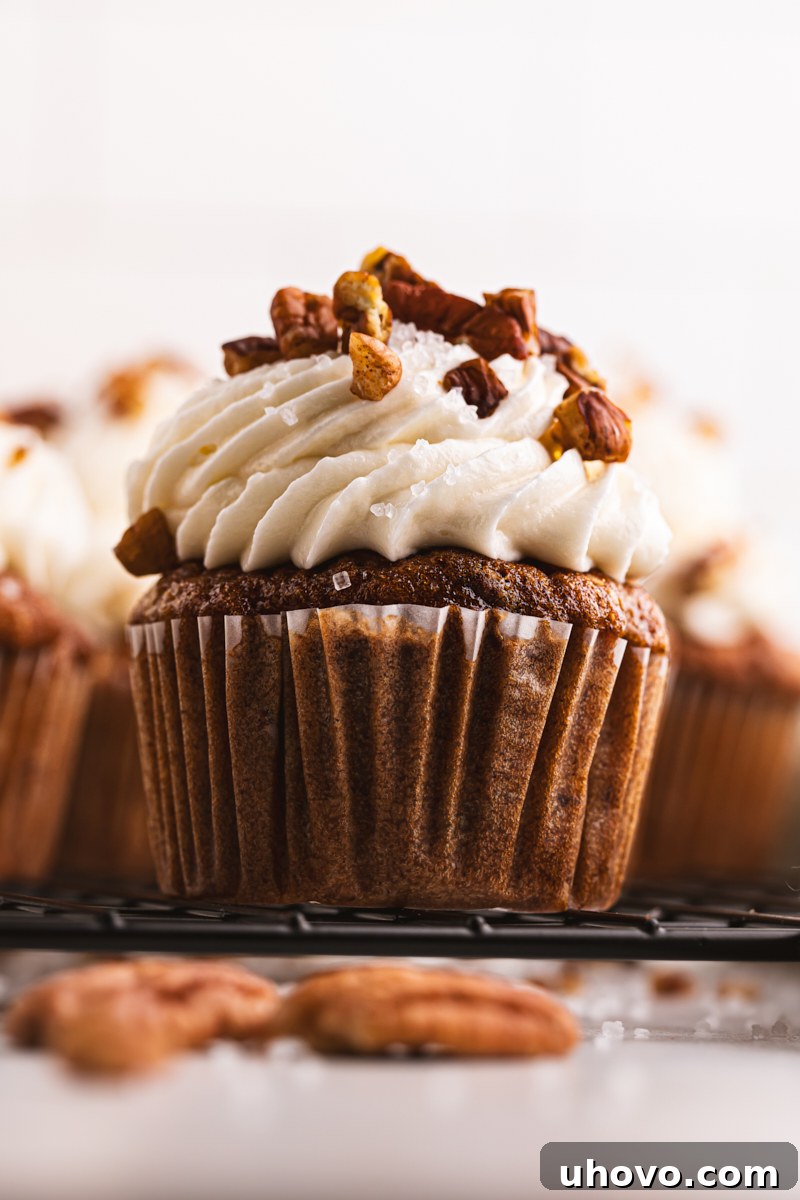 A single frosted Hummingbird Cupcake sitting upright on a wire rack, showing off its generous cream cheese frosting.