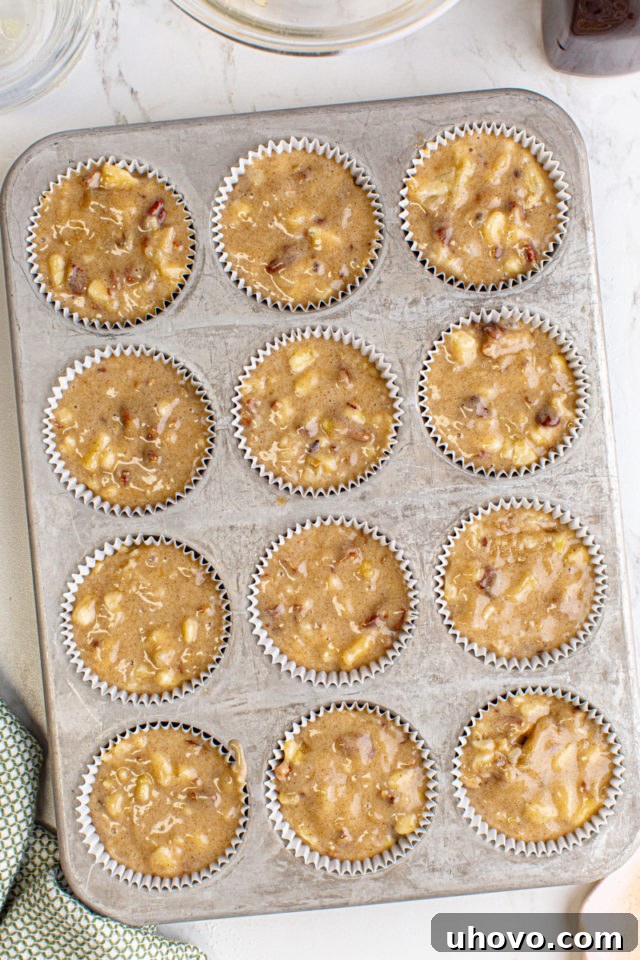Overhead view of Hummingbird Cupcake batter neatly divided into muffin pans, ready for baking.