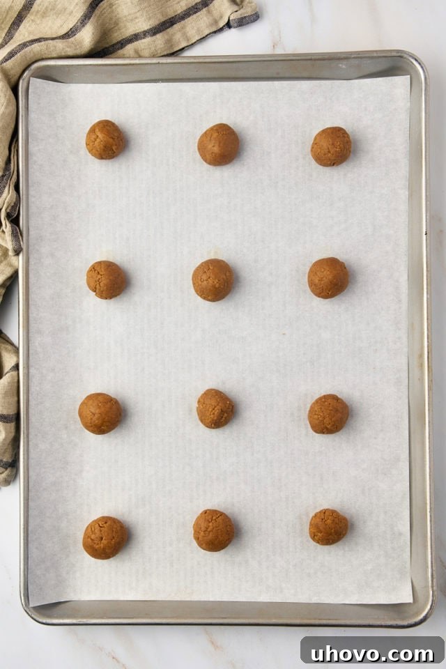 overhead view of Pfeffernüsse cookie dough rolled into balls on a baking sheet