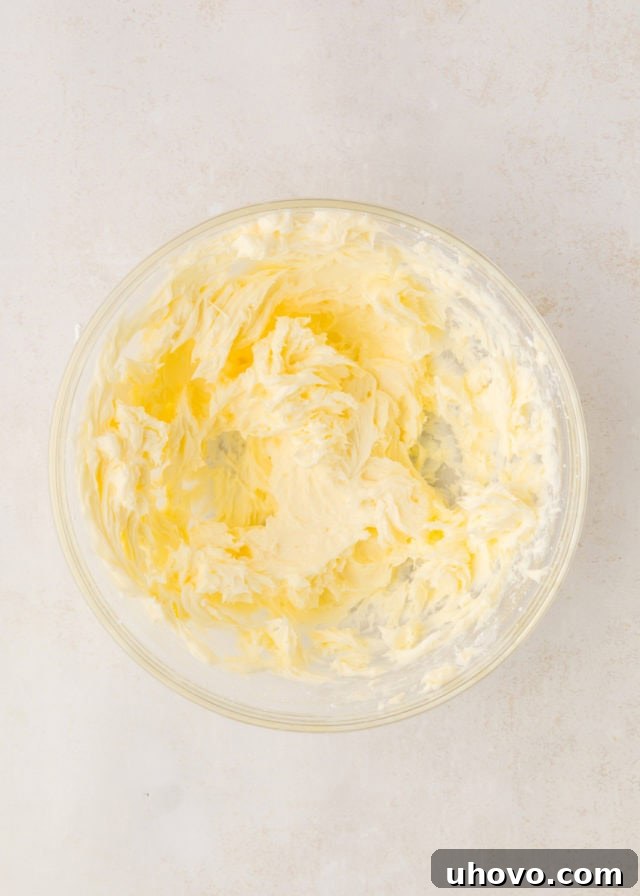 Overhead view of creamed butter, confectioners' sugar, and peppermint extract in a mixing bowl, ready for further mixing.