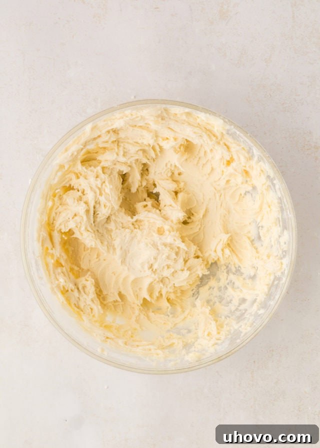 Overhead view of the fully mixed peppermint meltaway cookie dough, with a soft and pliable consistency, in a mixing bowl.