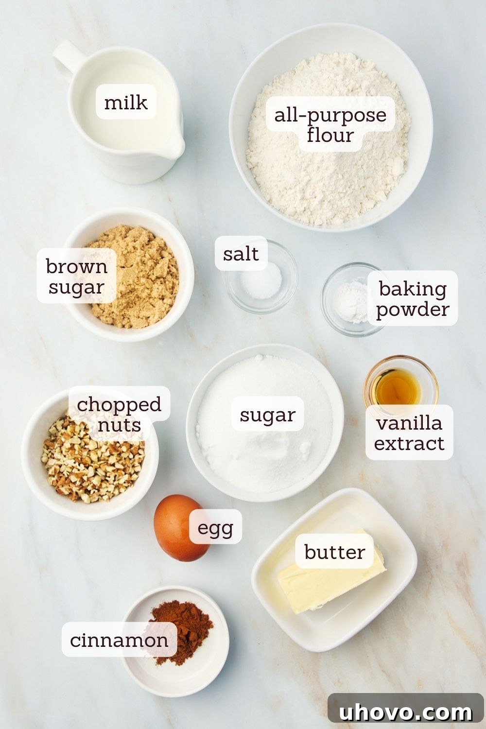 overhead view of labeled ingredients for cinnamon swirl bread