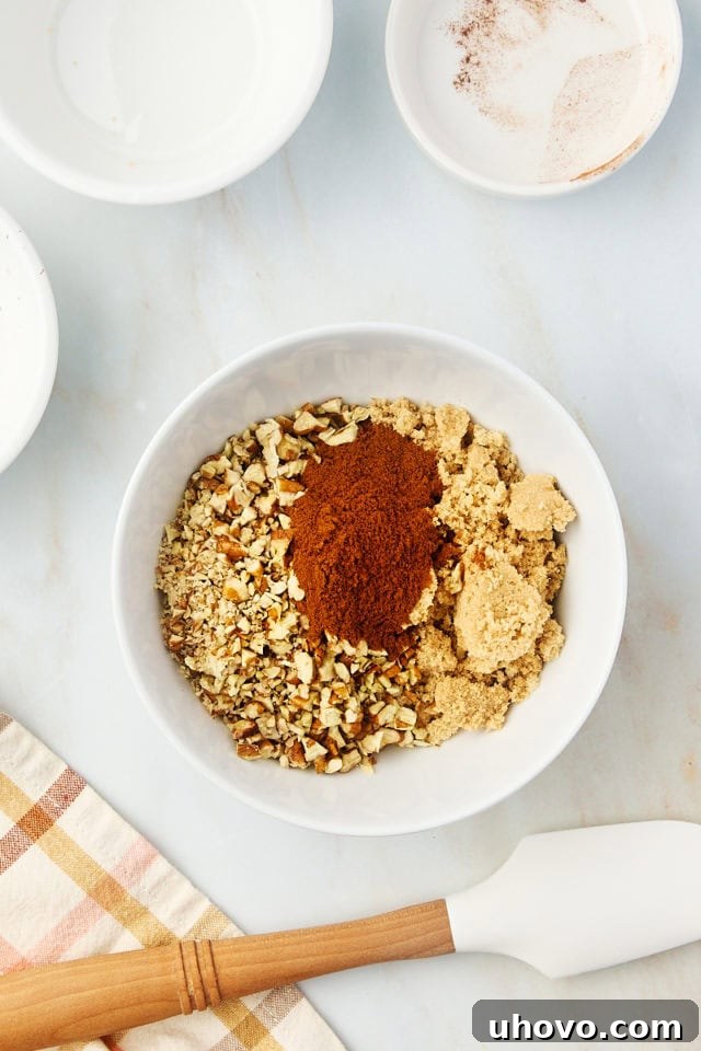 overhead view of brown sugar, nuts, and cinnamon in a white bowl