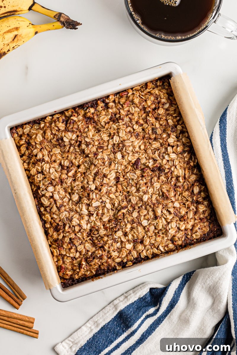 Overhead view of banana oatmeal crumb cake in pan