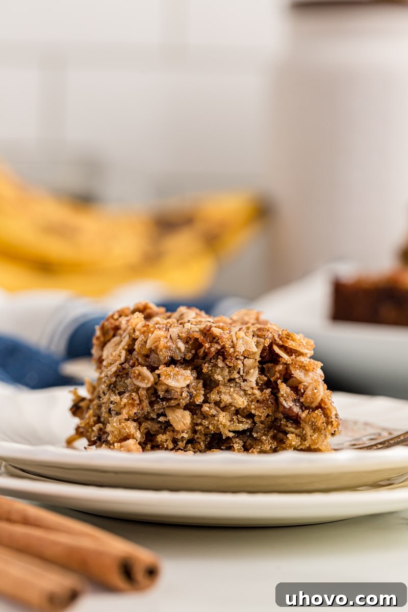 Piece of banana oatmeal crumb cake on plate