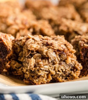 Pieces of banana oatmeal crumb cake on tray