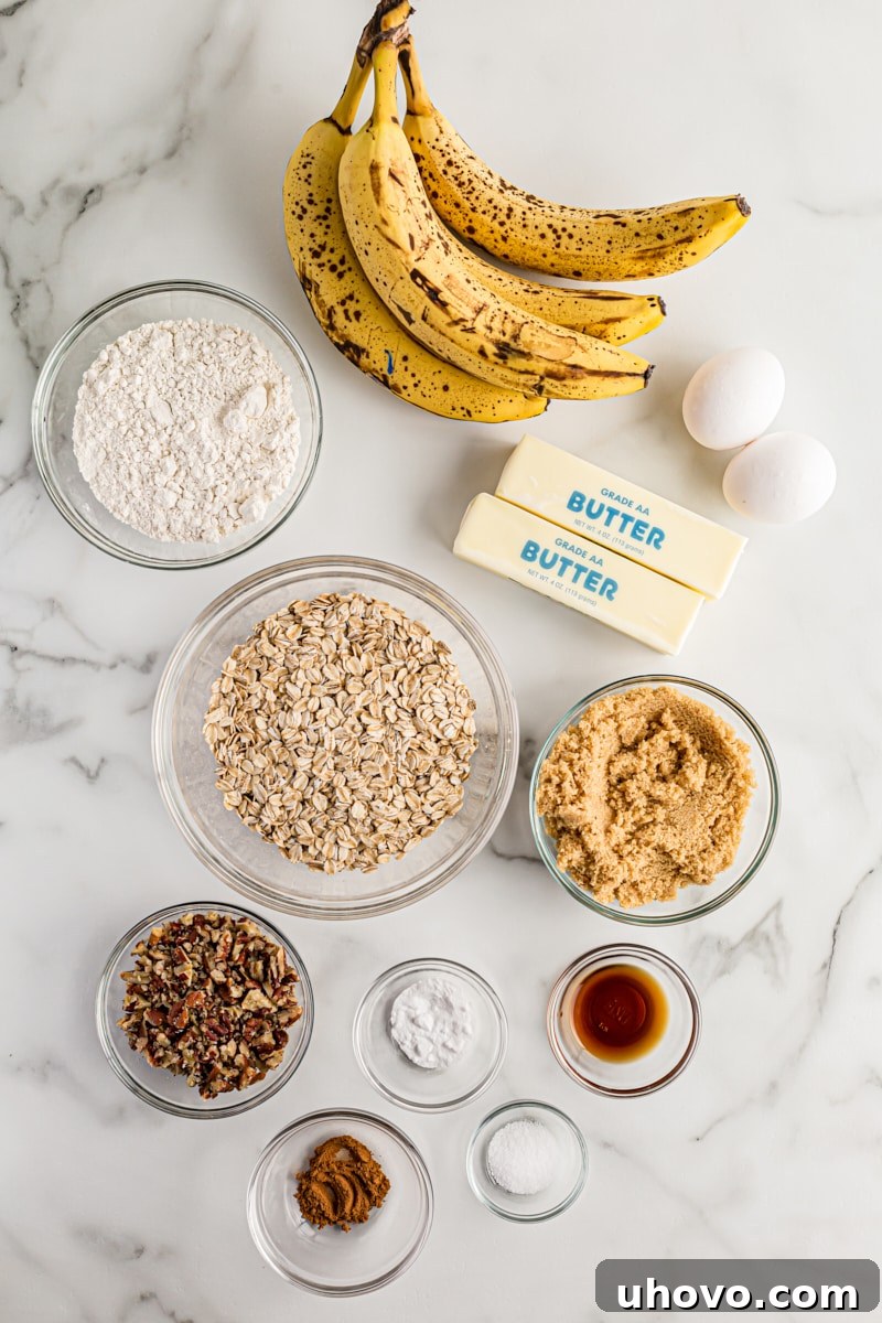 Overhead view of ingredients for banana oatmeal crumb cake