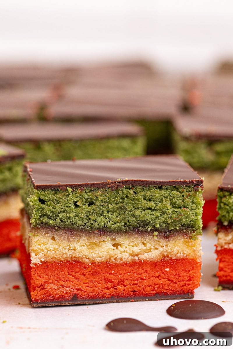 Close-up of an Italian rainbow cookie with more cookies surrounding it, showing the neat layers and chocolate drizzle.