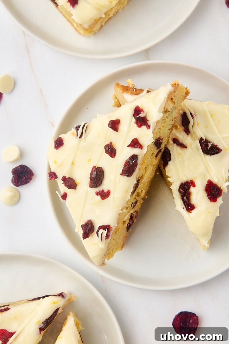 Overhead view of two cranberry bliss bars on a white plate