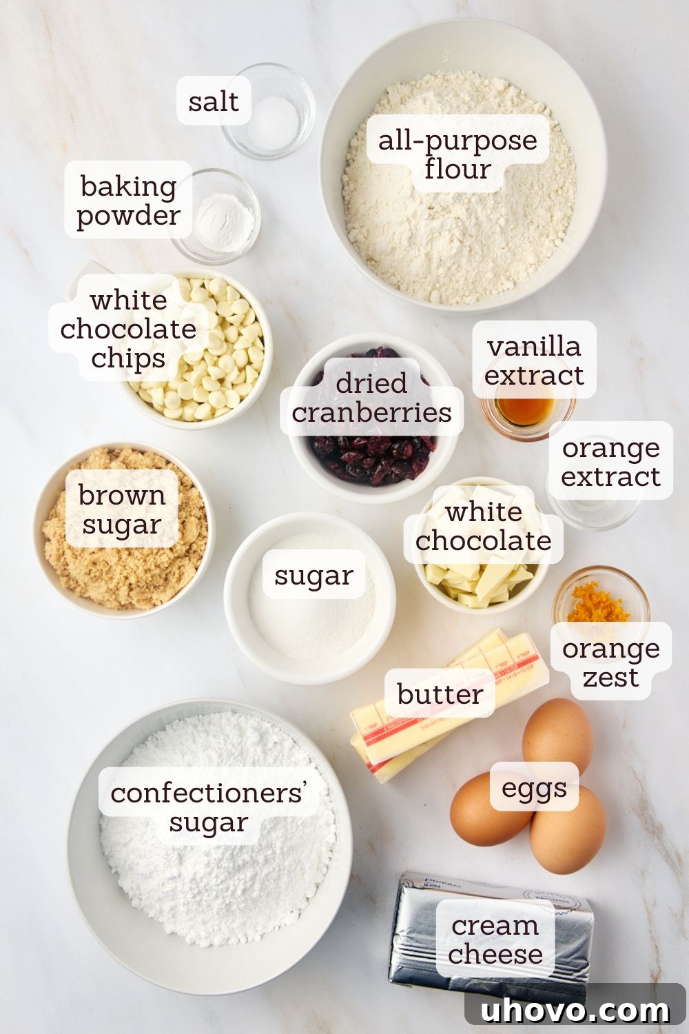 Overhead view of ingredients for cranberry bliss bars