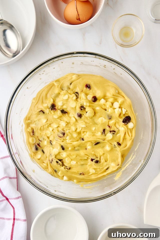 Overhead view of mixed cranberry bliss bar batter in a mixing bowl