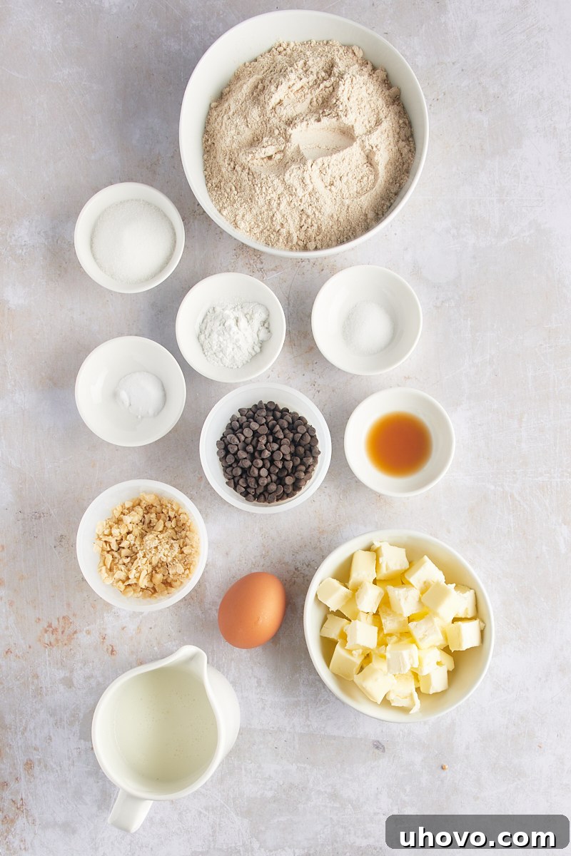 Overhead view of all the fresh ingredients laid out for making chocolate chip-hazelnut scones.