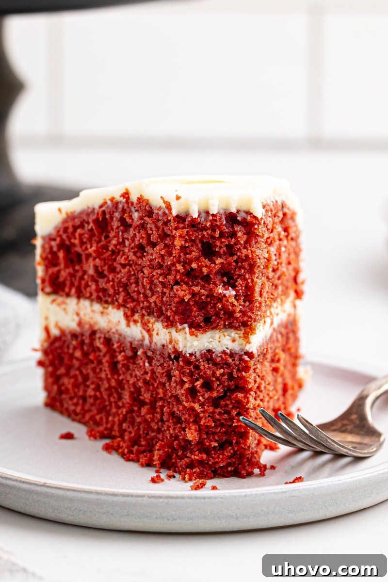 A delectable slice of red velvet cake on a white plate, with a bite taken out, highlighting its moist crumb and rich frosting.
