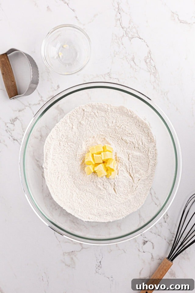 Butter cubes in bowl of dry ingredients for biscuits
