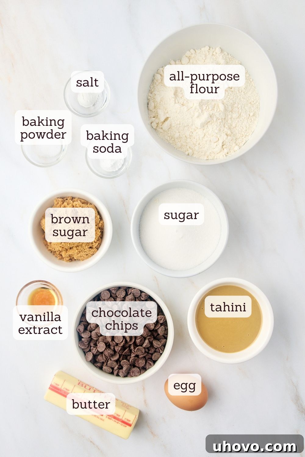 overhead view of ingredients for tahini chocolate chip cookies