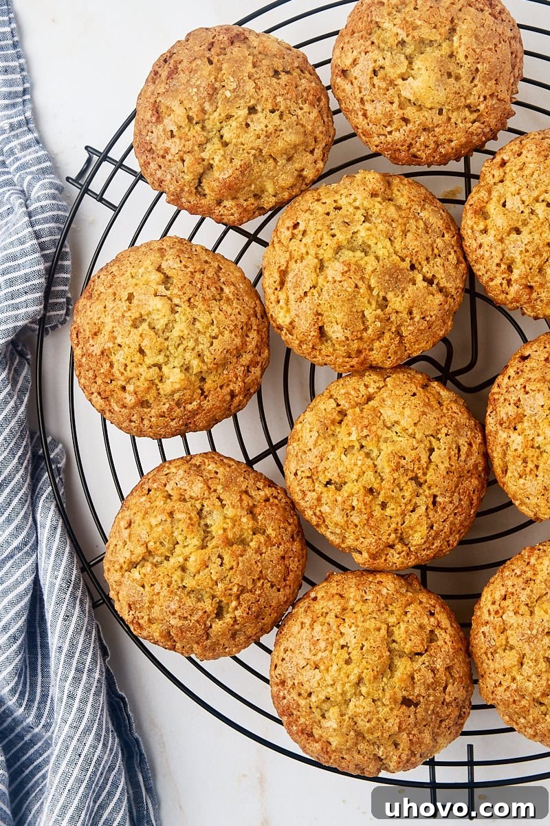 overhead view of banana muffins cooling on a wire rack