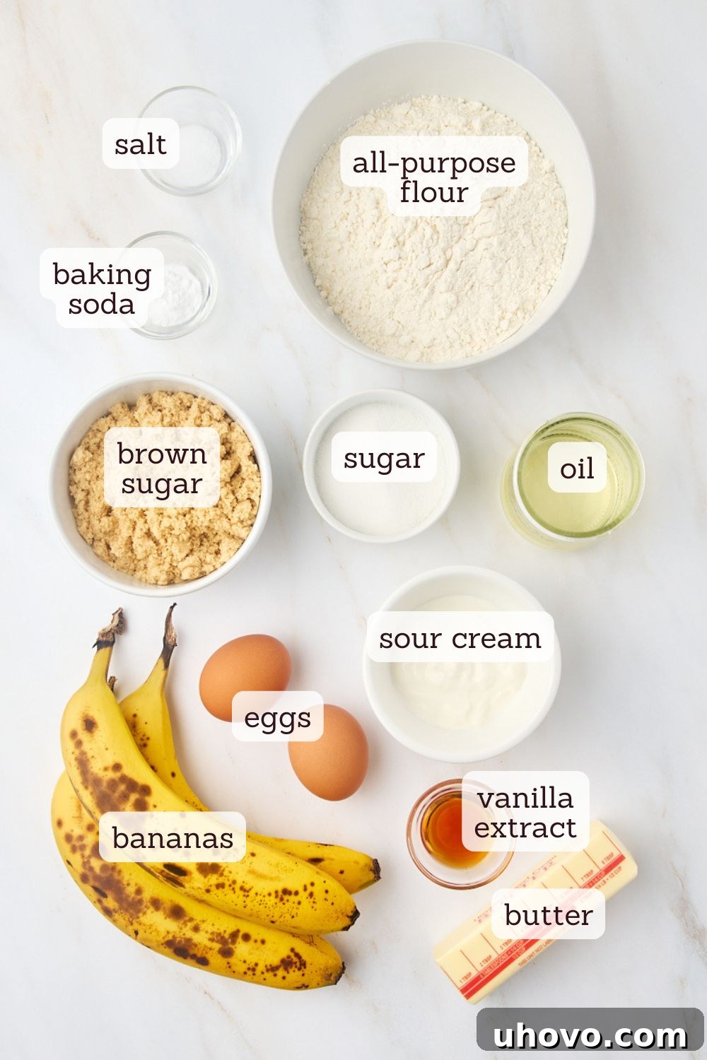 overhead view of ingredients for banana bread muffins