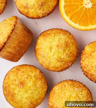 Freshly baked orange ricotta muffins scattered on a white countertop, some whole, some halved, revealing their tender texture