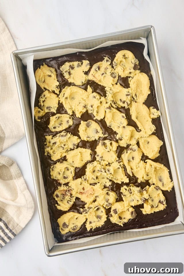 overhead view of brookies assembled and ready to go into the oven