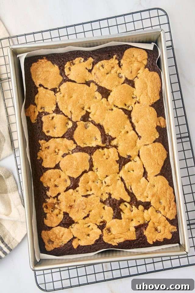 overhead view of freshly baked brookies in a 9x13 pan on a wire rack