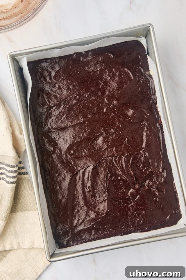 overhead view of brownie batter spread in a 9x13 pan