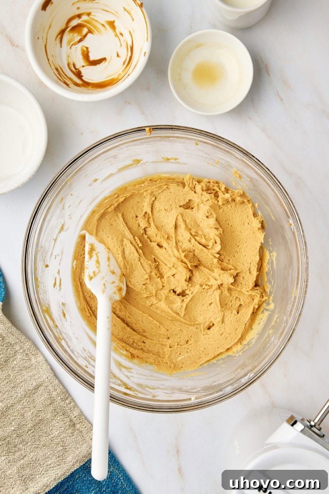 overhead view of cookie butter dip in a glass mixing bowl