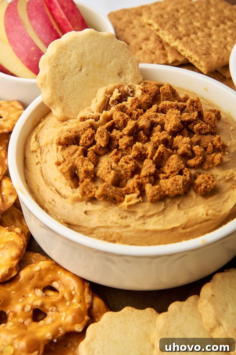 cookie butter dip in a white bowl surrounded by various foods for dipping