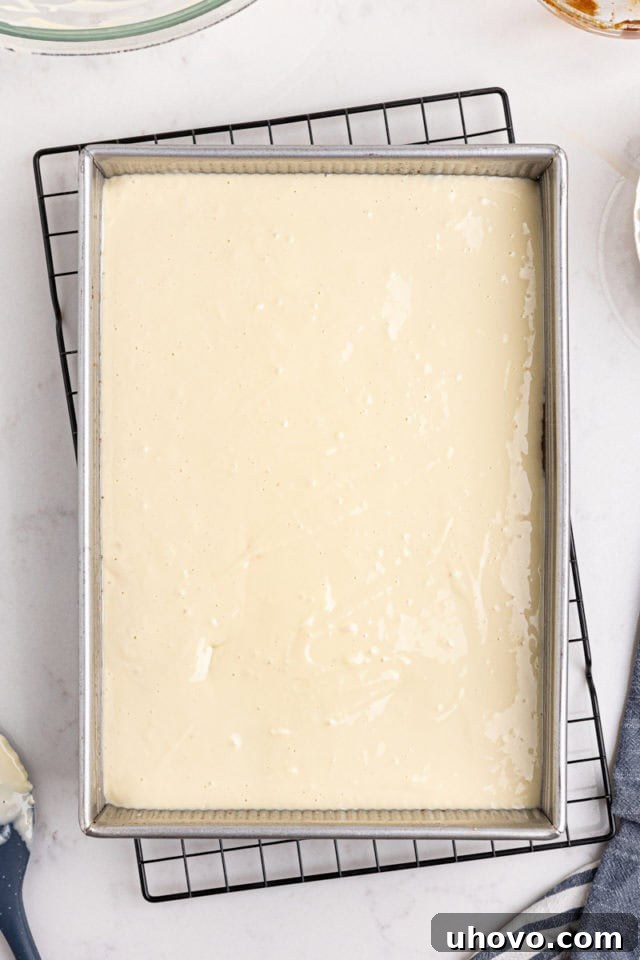overhead view of cheesecake layer added to apple butter cream cheese oat bars
