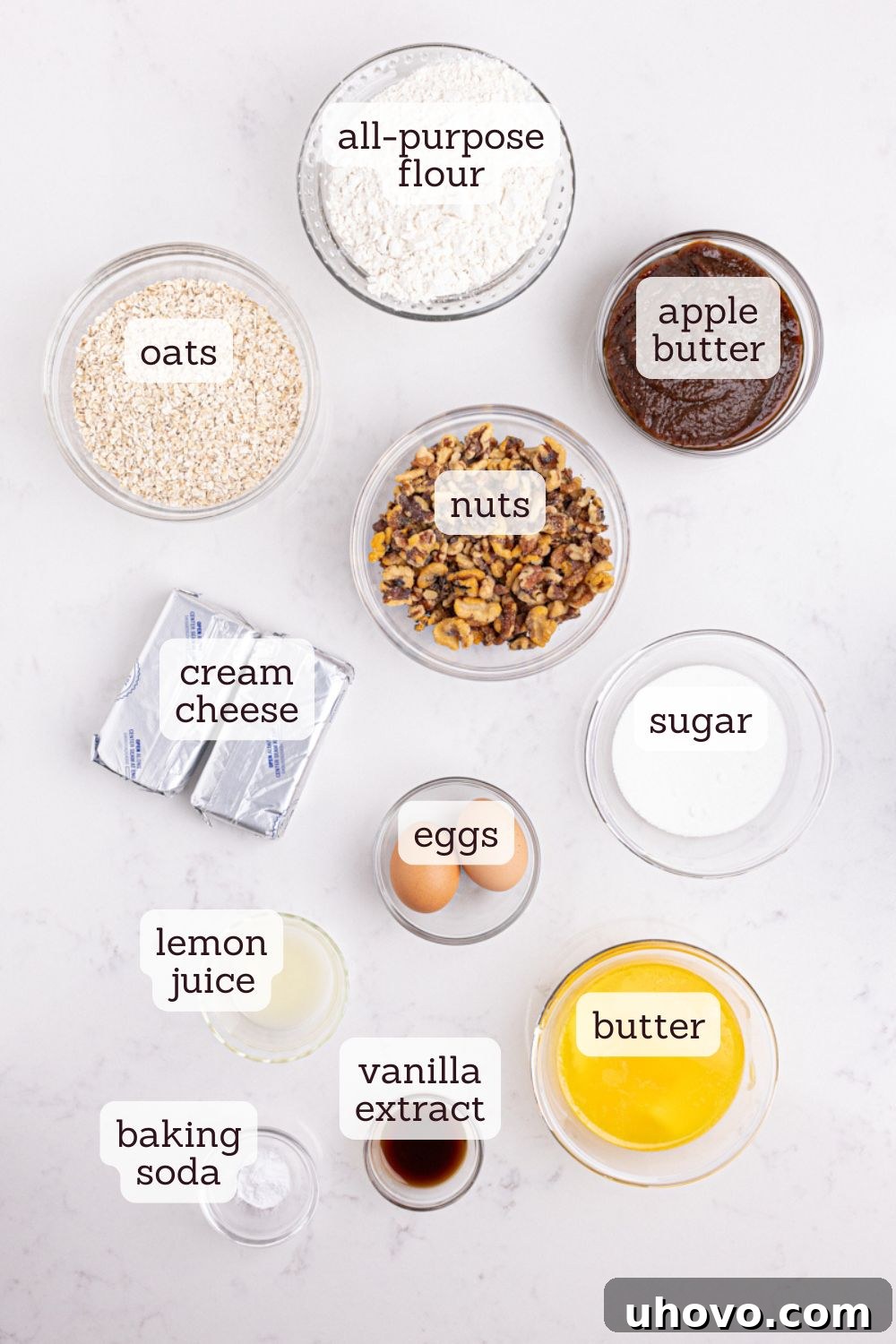 overhead view of ingredients for apple butter cream cheese oat bars