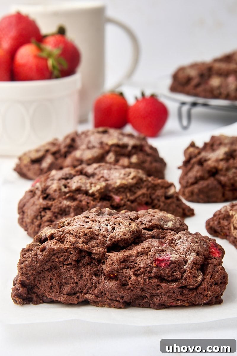 Freshly baked chocolate strawberry scones cooling on parchment paper, with a bowl of vibrant red strawberries in the background.