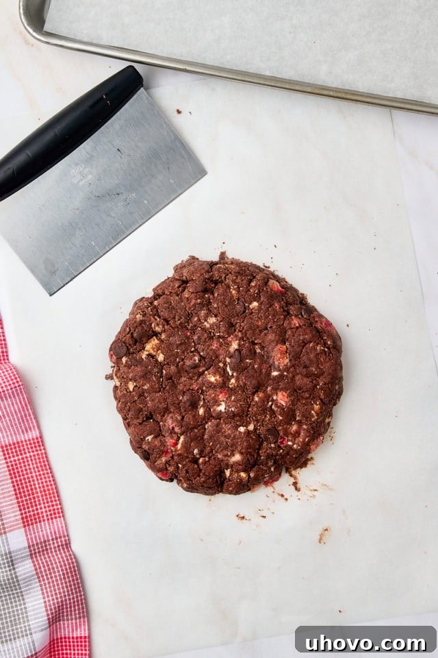 Overhead view of the scone dough shaped into a uniform disc approximately one inch thick.