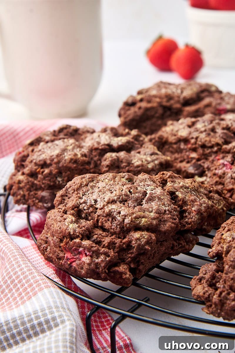 Freshly baked chocolate strawberry scones cooling on a wire rack, steam gently rising from their warm surfaces.