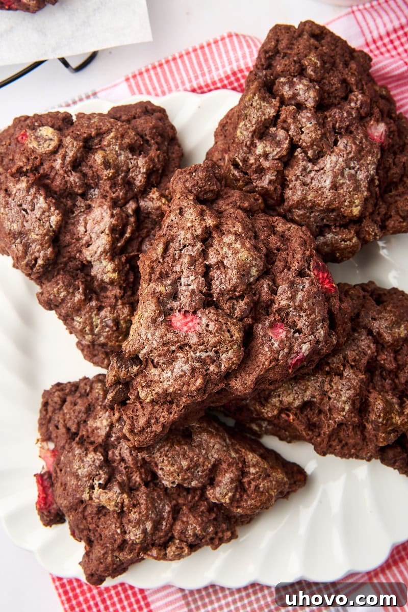 Two chocolate strawberry scones artfully arranged on a white plate, showcasing their tender interior and generous chocolate and strawberry chunks.