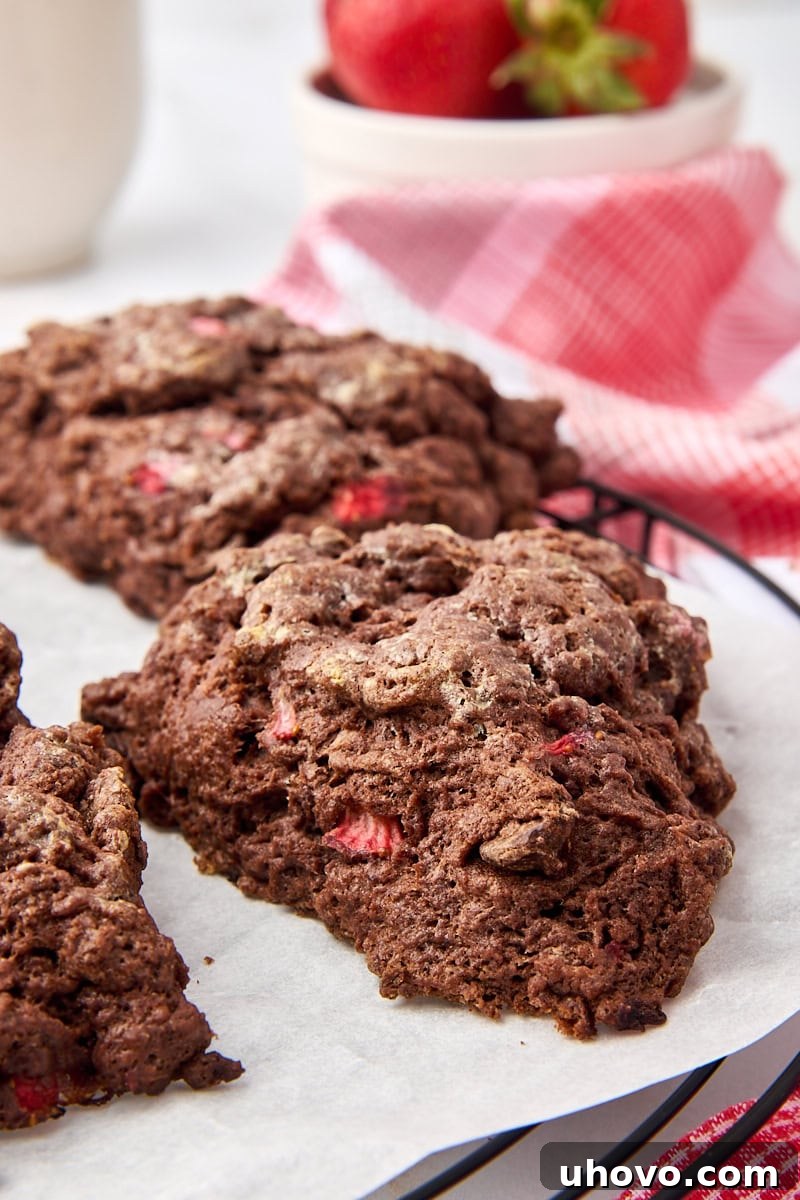 A single chocolate strawberry scone placed on a pristine white plate, with another scone visible slightly out of focus in the background, highlighting its inviting texture.