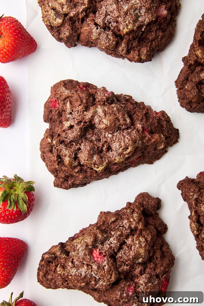 Overhead view of several chocolate strawberry scones arranged on parchment paper, highlighting their rustic charm and delicious appeal.