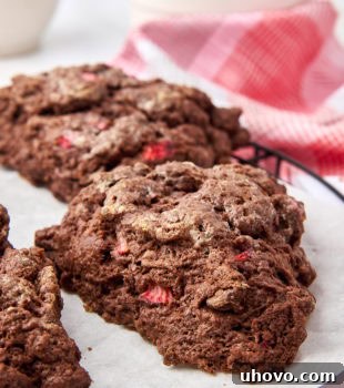 chocolate strawberry scones on a white plate