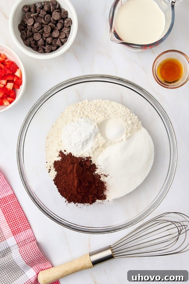 Overhead view of flour, cocoa powder, sugar, baking powder, and salt measured into a glass mixing bowl.