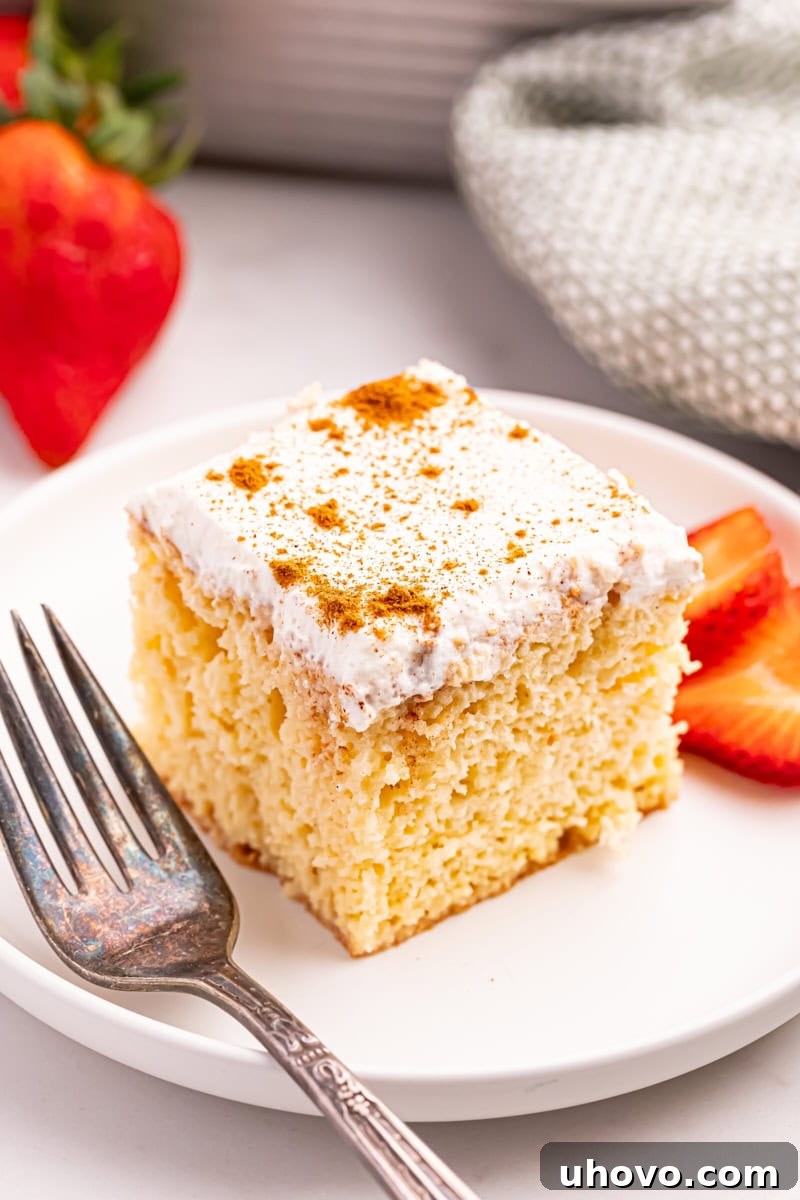 A perfectly sliced tres leches cake on a pristine white plate, showcasing its moist texture and whipped cream topping.