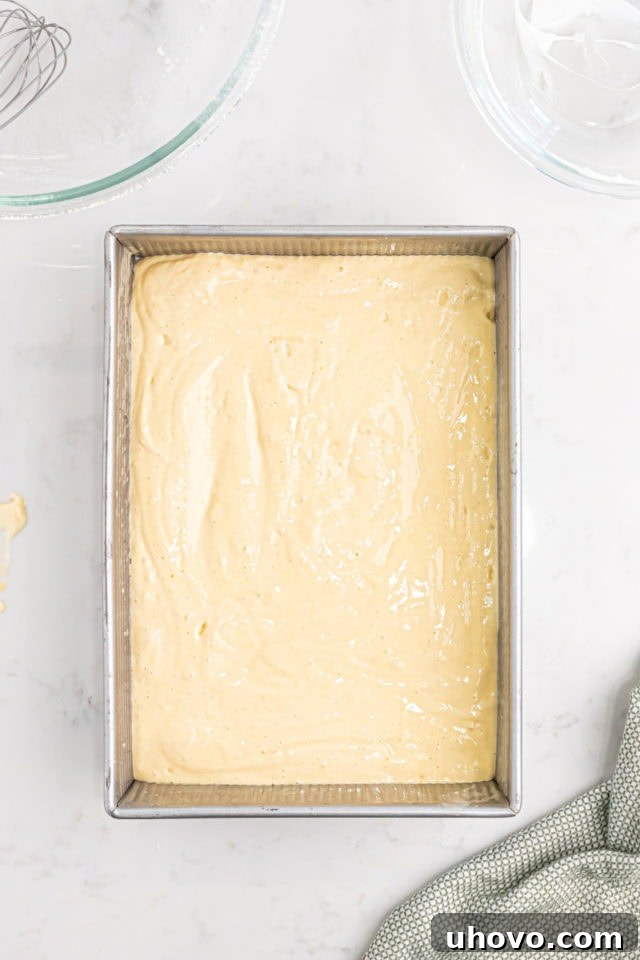 Overhead view of the smooth tres leches cake batter evenly spread in a 9x13-inch baking pan, ready for the oven.